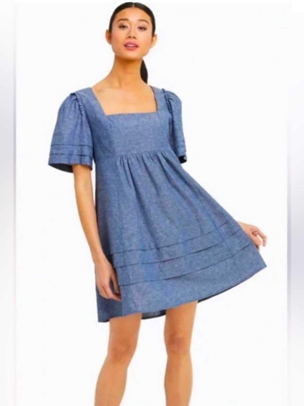 Draper James Linen Blend Chambray Square-Neck Smocked Back Dress in Blue. XL.